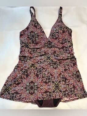 Ellen Tracy Rich Bohemian Burgundy Paisley One-Piece Swimdress